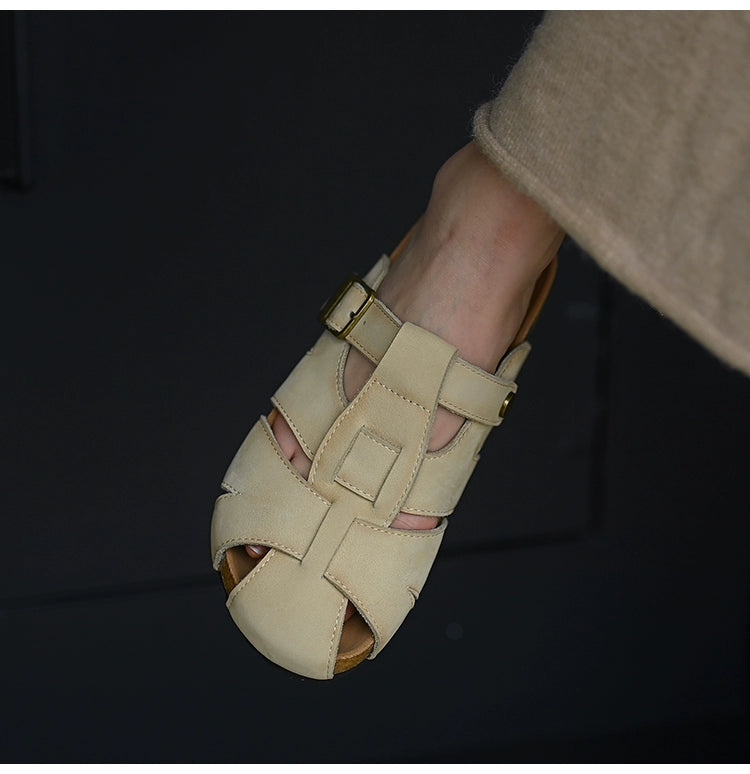 Beige Leather Buckle Strap Sandals