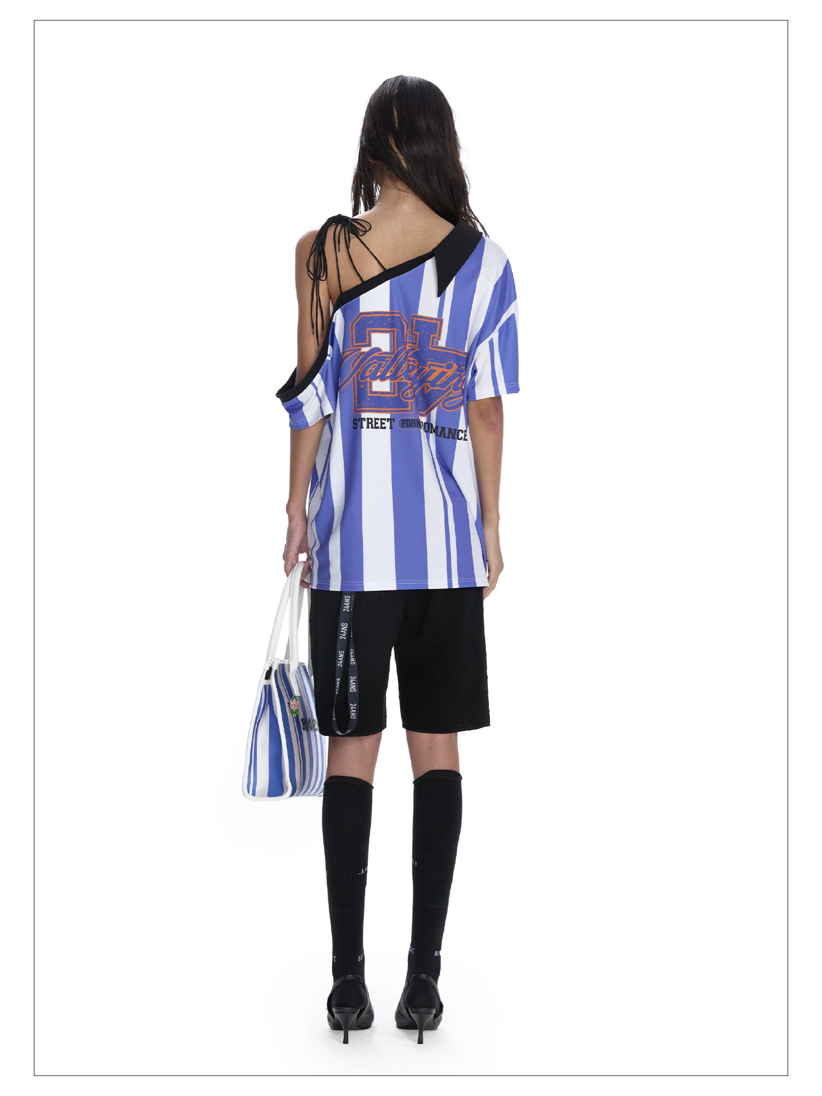 24Ans Striped Off-Shoulder Soccer Jersey - Unisex Asymmetric One-Sleeve Sports Top