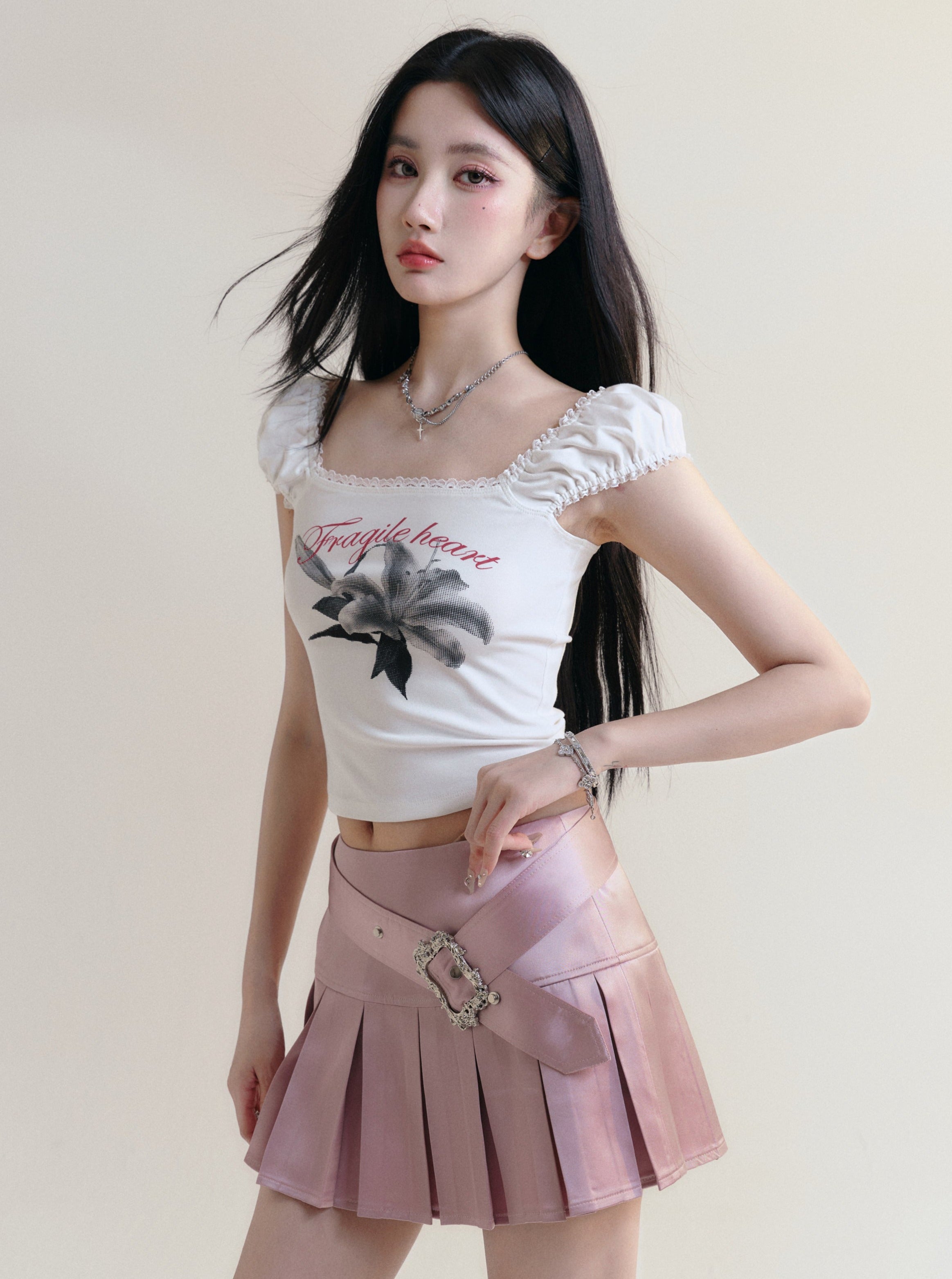 Fragile Heart Puff-Sleeve Graphic Crop Top