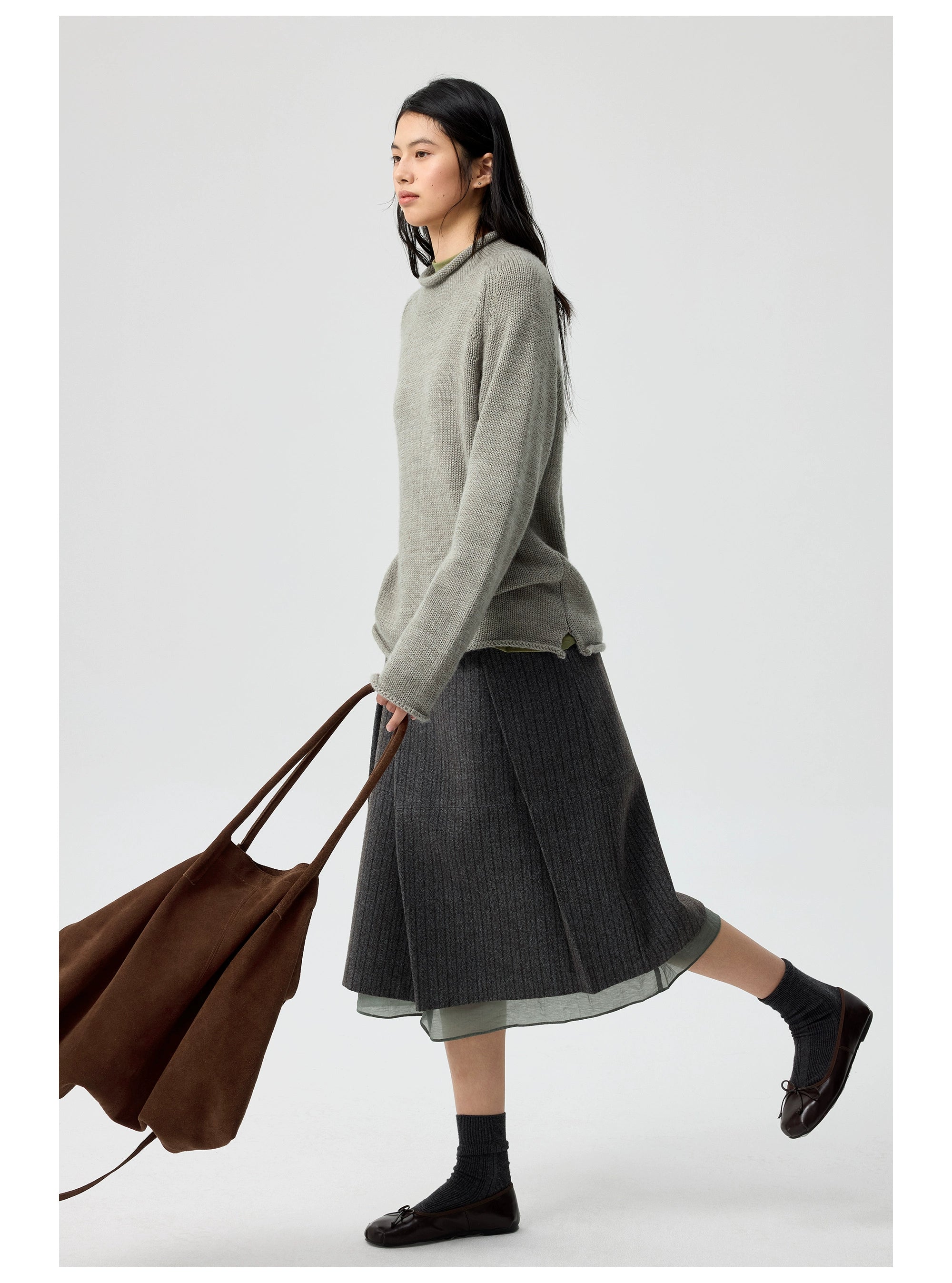 Pinstripe Wool Layered Midi Skirt