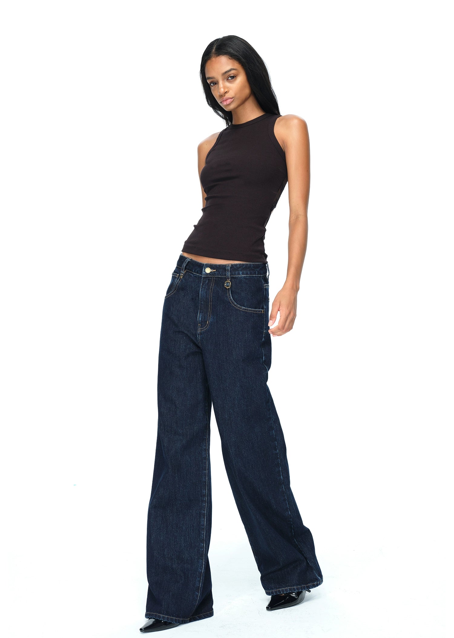 Dark Blue Raw Denim Wide-Leg Jeans