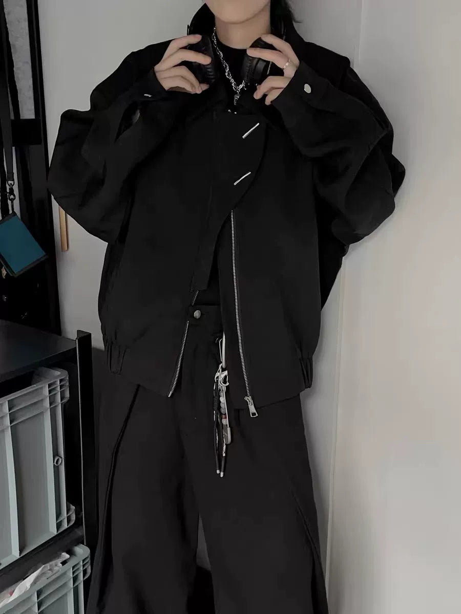 Black Bomber Jacket with Zipper Front