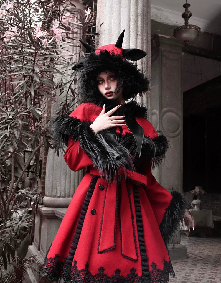 Crimson Faux Fur Trim Gothic Coat Dress