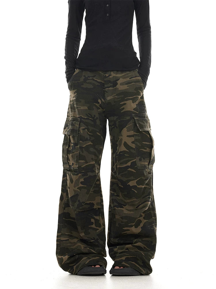 Washed camo cargo pants front view
