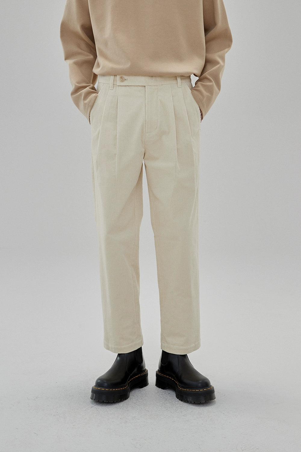 Wide Waist Tab Double-Pleated Relaxed Cropped Pants