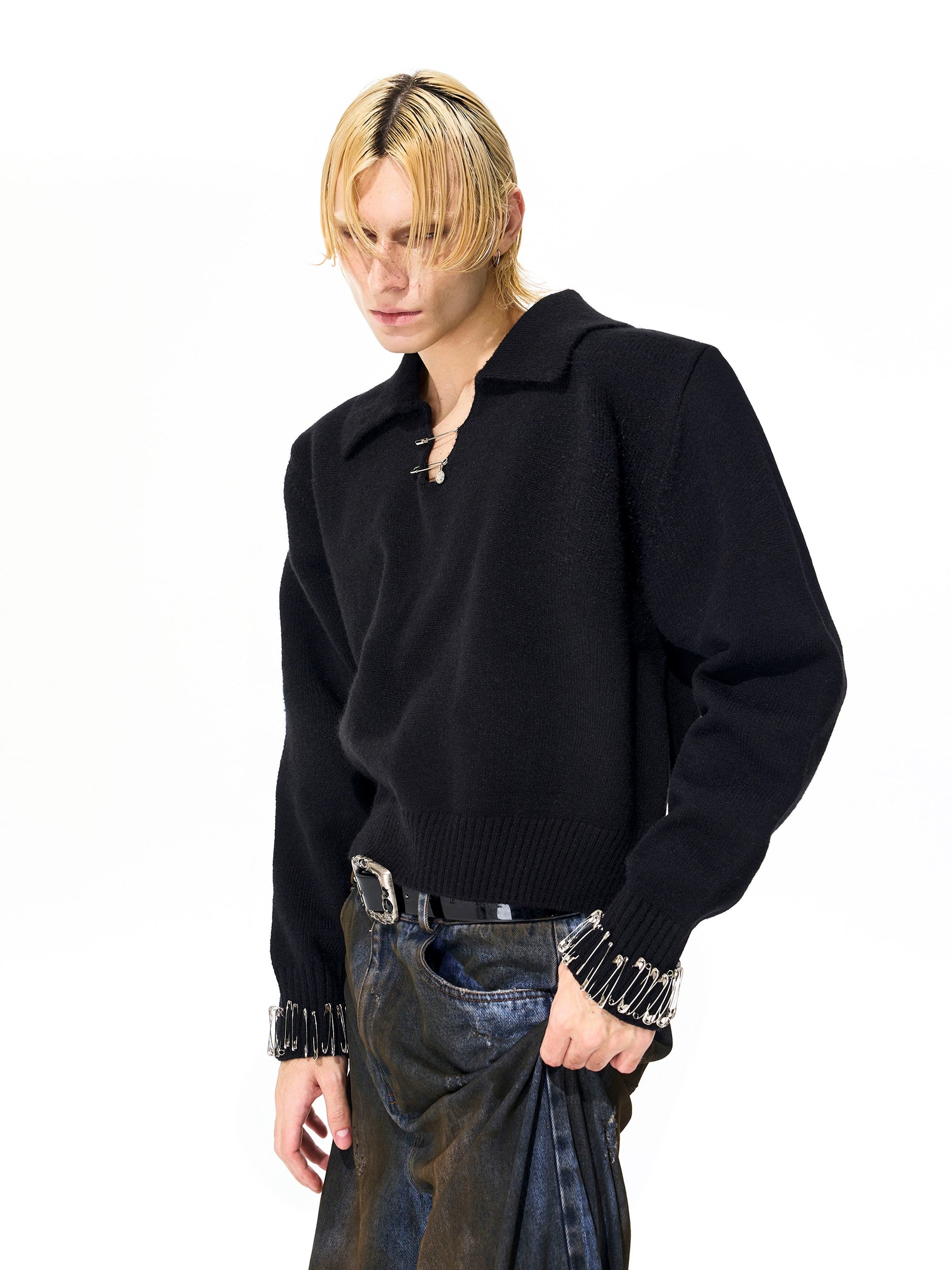 Black Safety Pin Knit Sweater