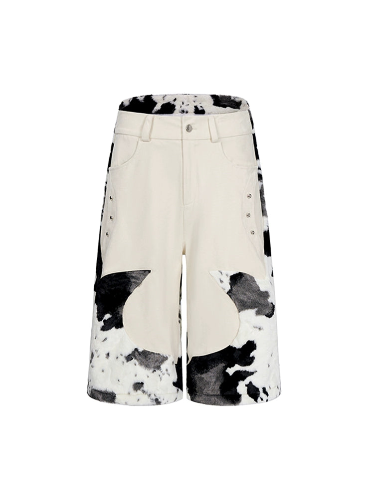Cow Print Faux Fur Patch Shorts