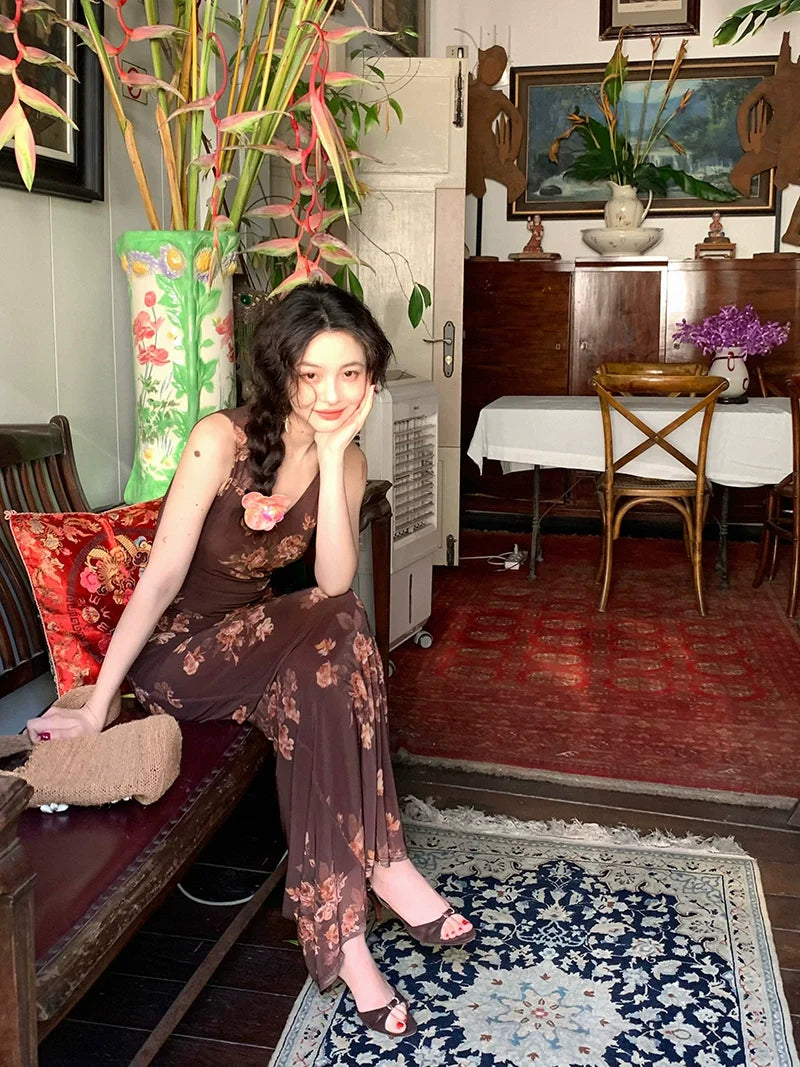 Brown Floral Mesh Tank Top