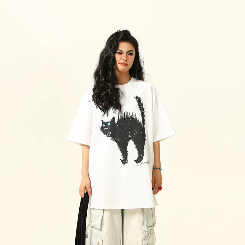 Oversized Tee with Cat Graphic