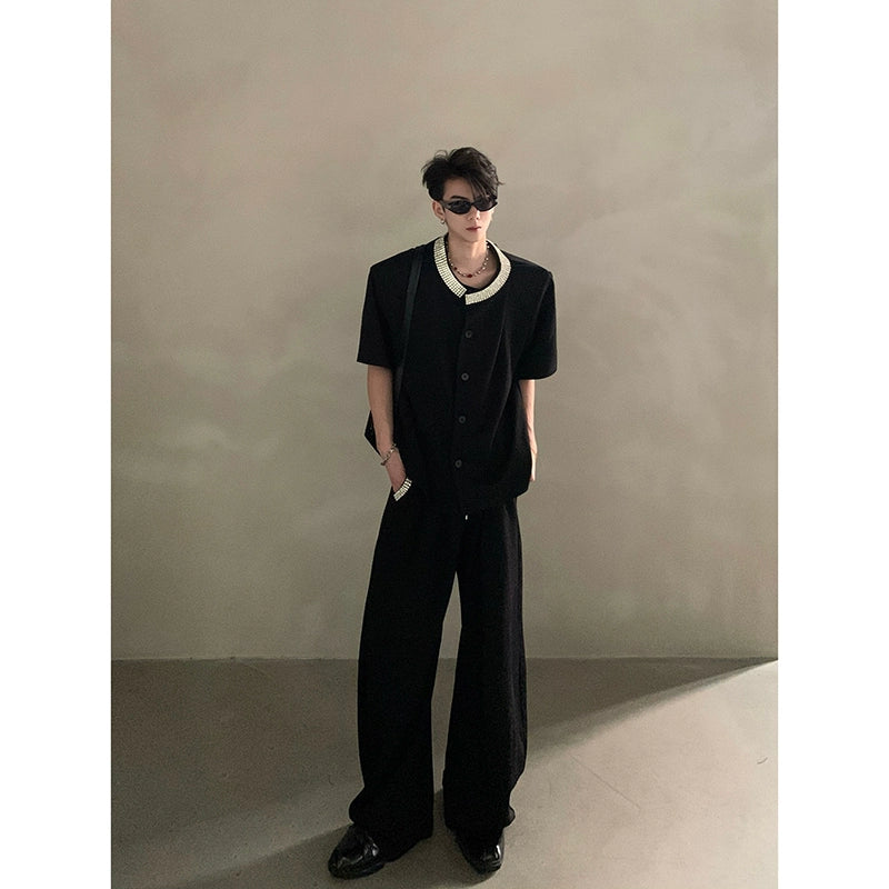 Black Short Sleeve Button-Up Shirt with Embellished Gem Collar