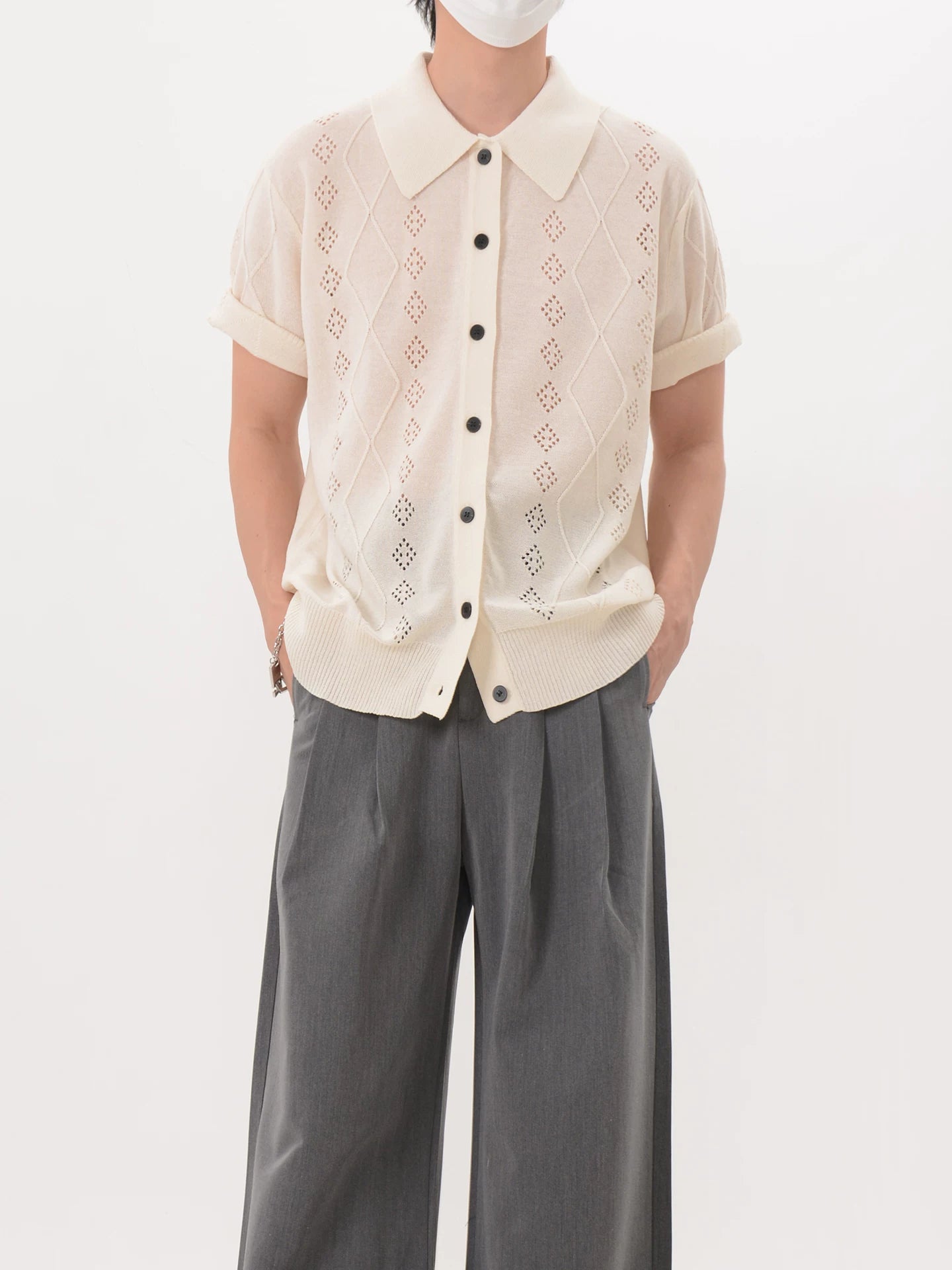 Lattice Knit Polo Cardigan