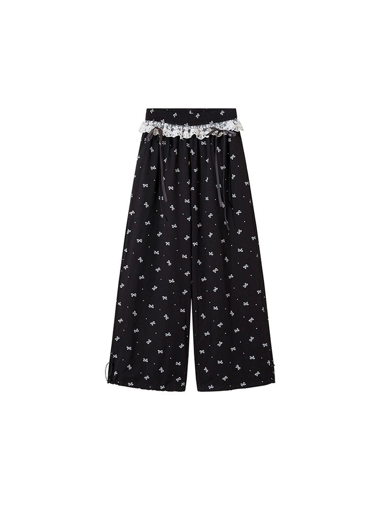 Bow Print Wide Leg Pants with Lace Trim