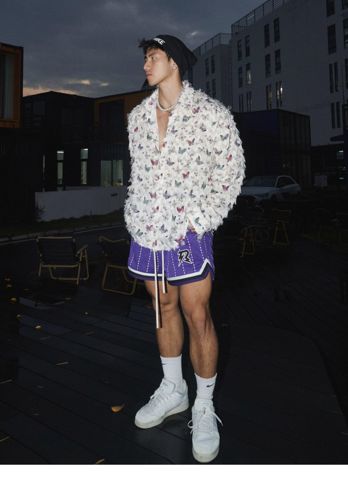 Textured White Jacket With Colorful Butterfly Pattern