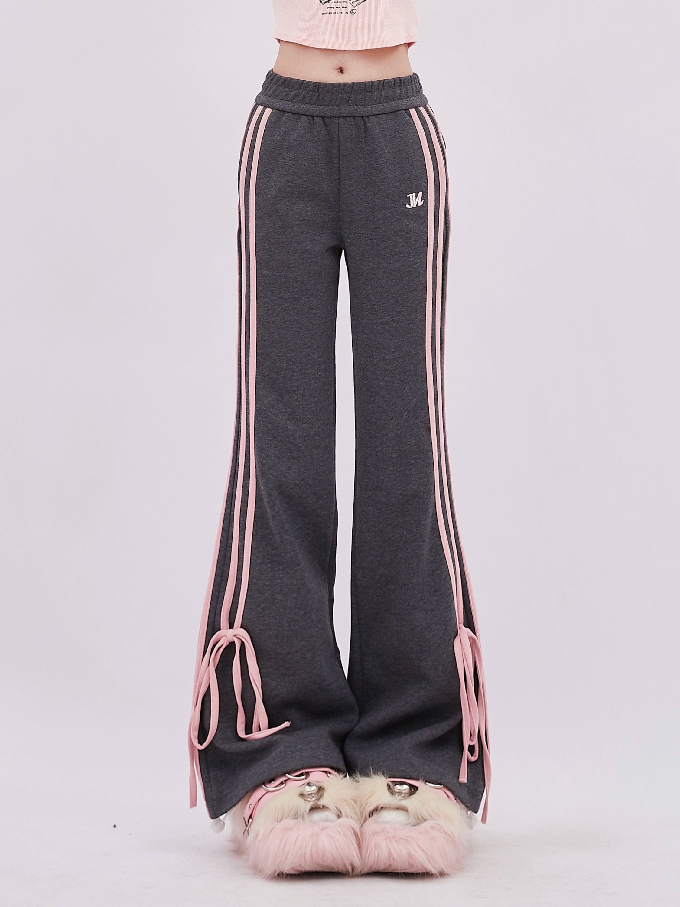 Gray Track Pants with Pink Stripes and Bow Detail