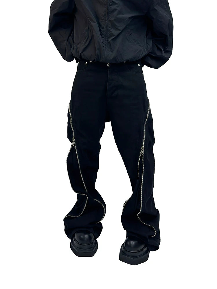 Black Wide-Leg Jeans with Exposed Curved Zippers