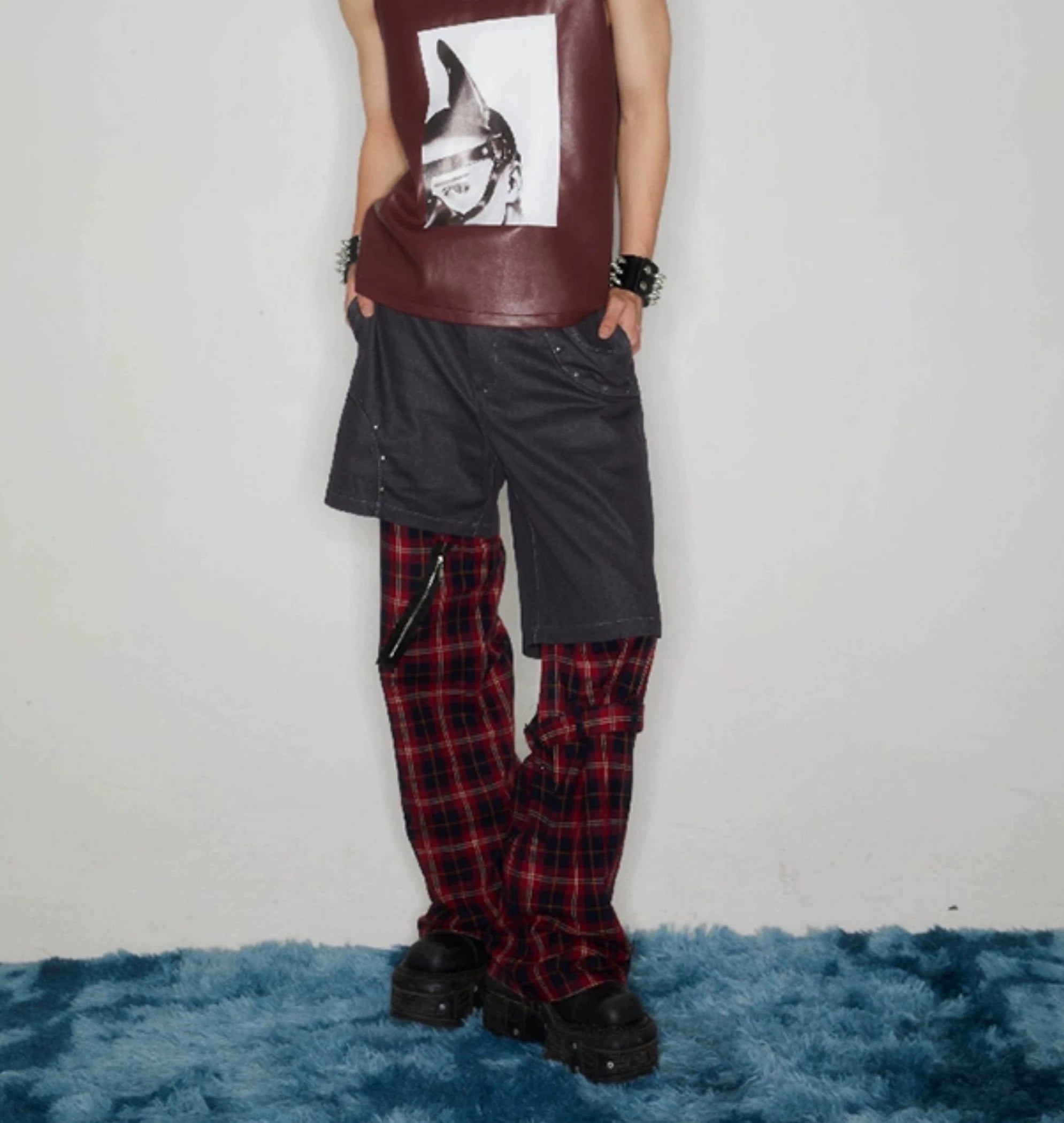 Hybrid Plaid-Panel Cargo Pants