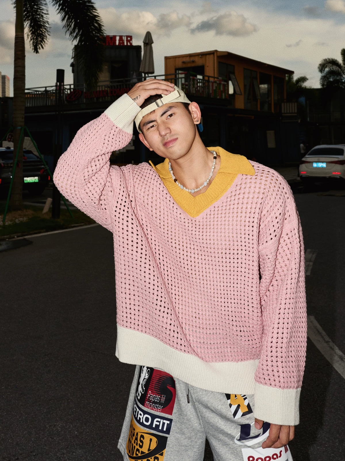 Blush Contrast Collar Open-Knit Sweater