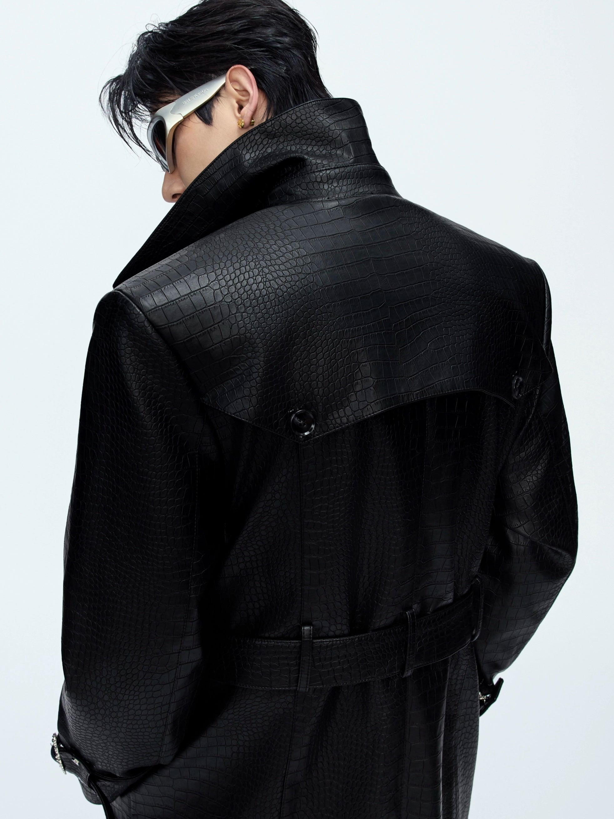 Crocodile Pattern Black Trench Coat