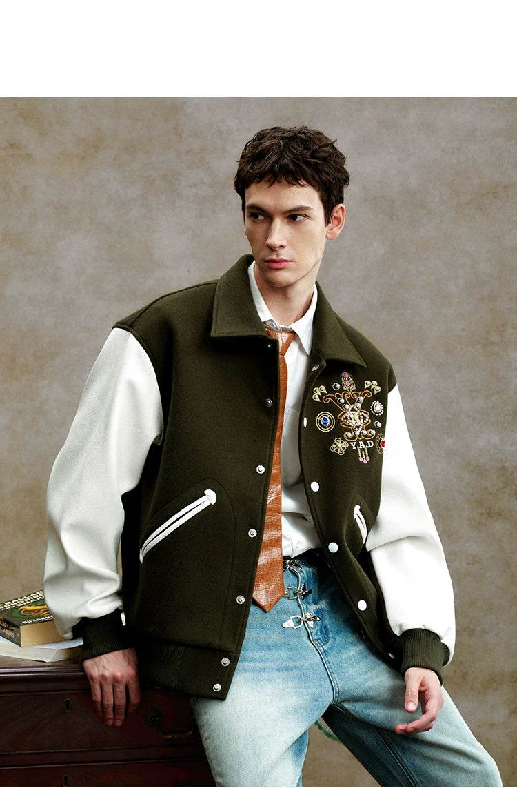 Embroidered Contrast Sleeve Varsity Jacket