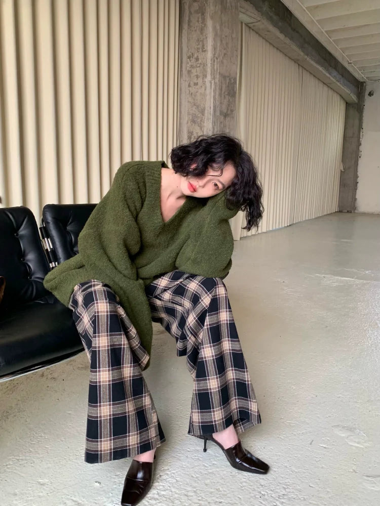 Casual Black Plaid Wide Leg Pants