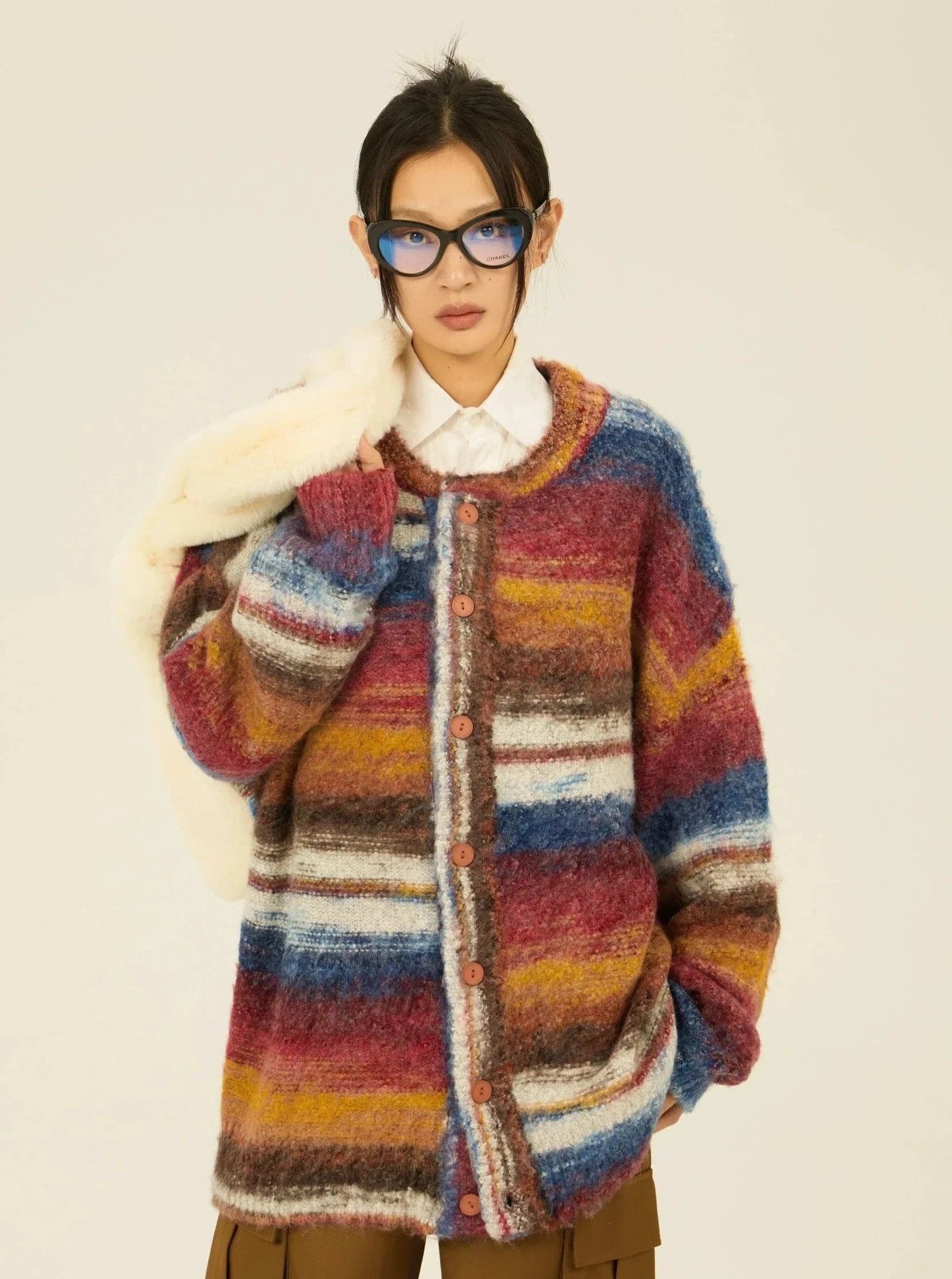 Contrast Striped Crewneck Cardigan Sweater - chiclara