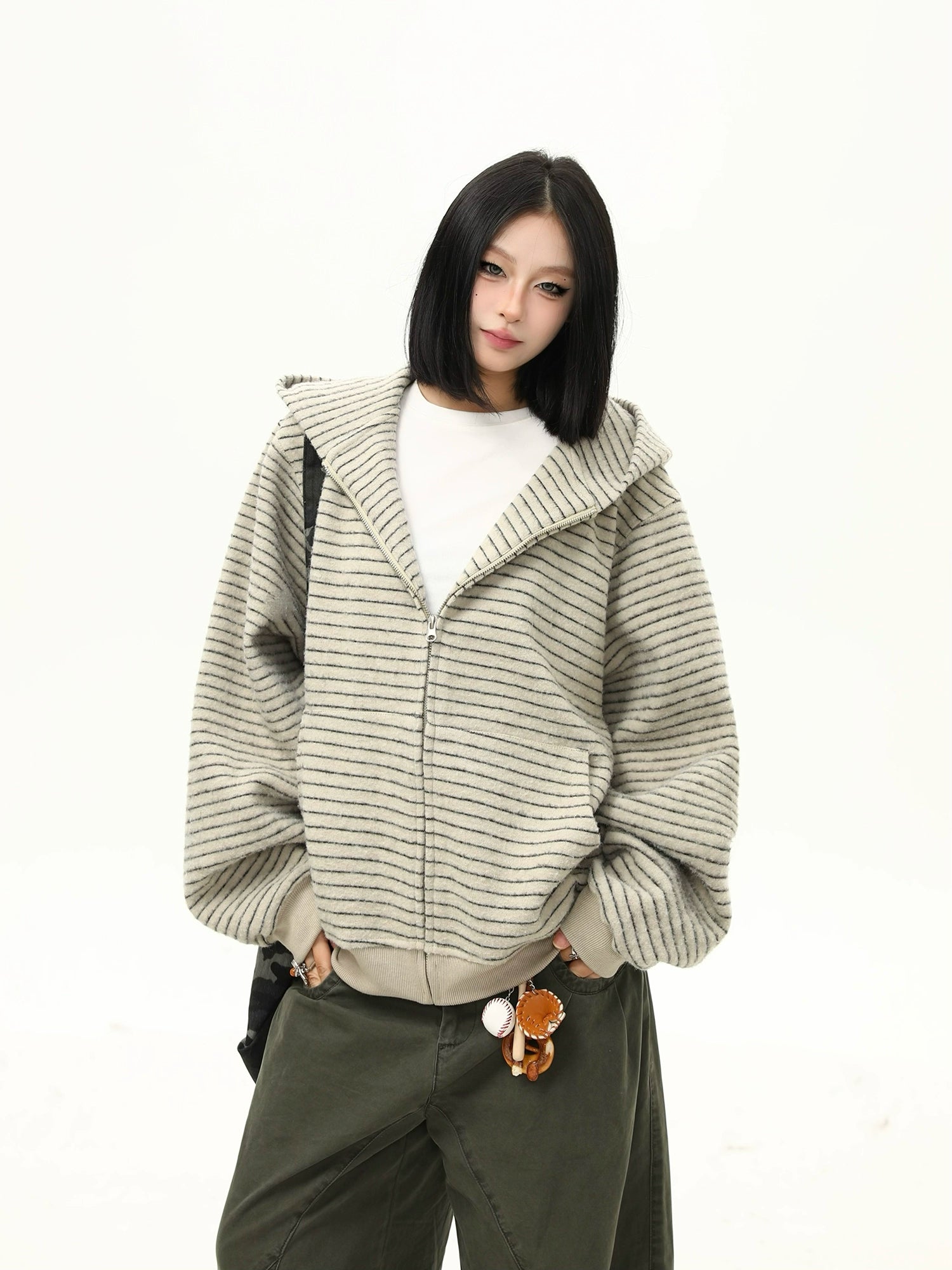 Oversized Striped Fleece Zip-Up Hoodie