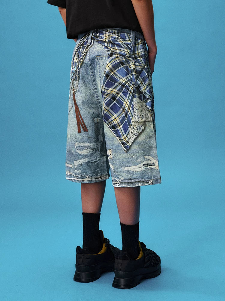 Plaid Chain Print Denim Jorts