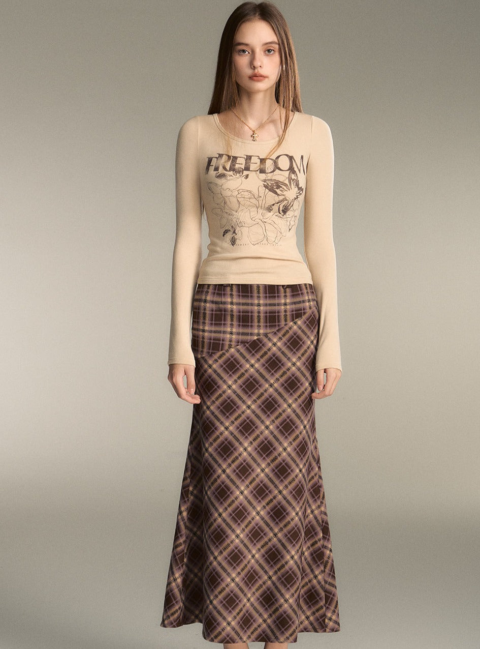 Retro Brown Check Long Mermaid Skirt - chiclara