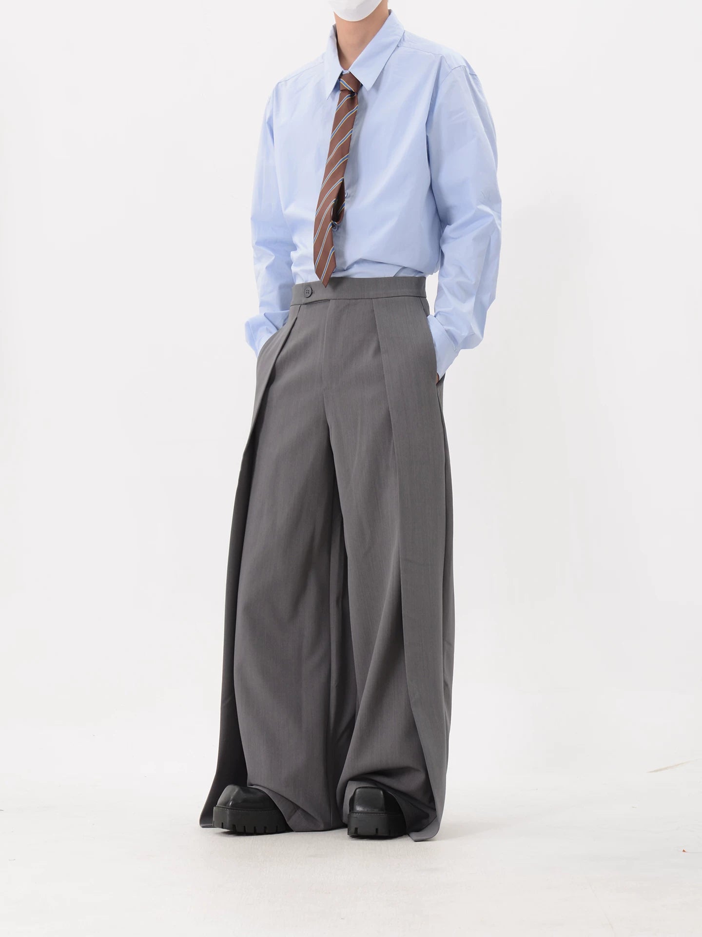 High-Waisted Pleated Ultra-Wide Leg Trousers with Side Slit Panels