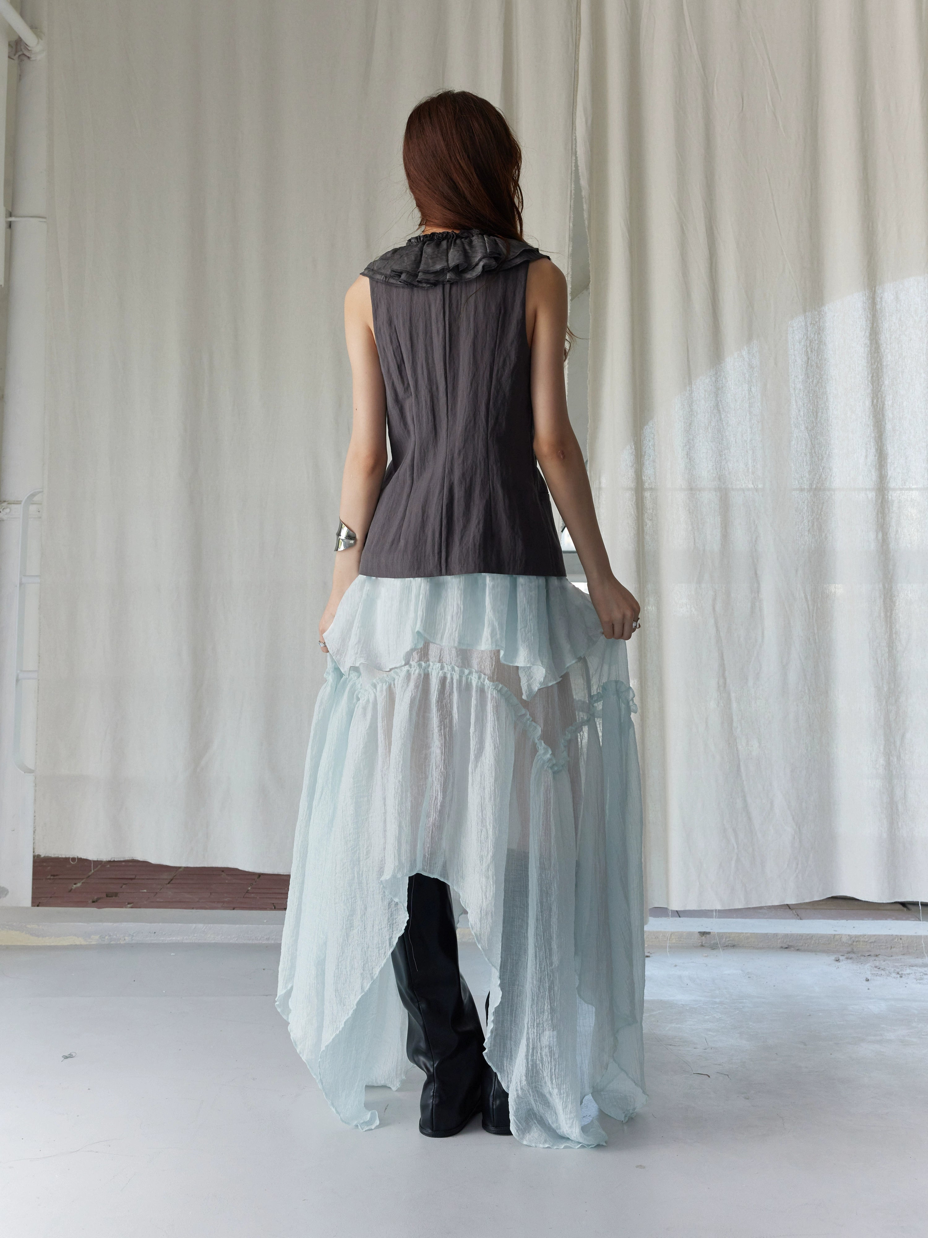 Dark Ruffle Vest & Green Layered Skirt