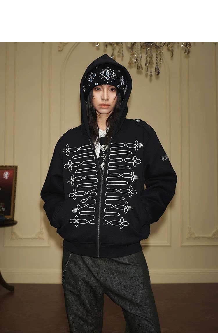 Black Military Embroidered Zip-Up Hoodie