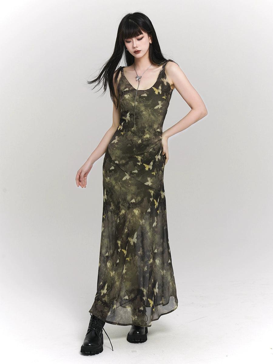 Ladyghost Woodland Whisper Maxi Dress - Women'S Camo-Inspired Butterfly Print Slip Dress