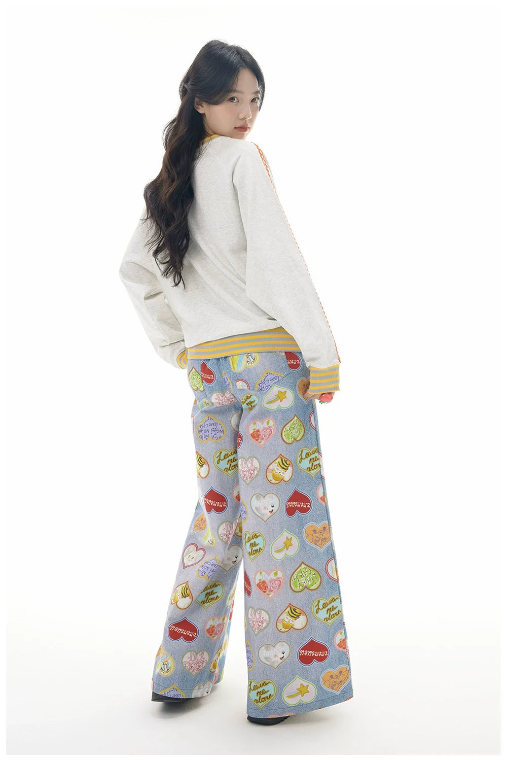 Cute Heart Print Wide Leg Pants