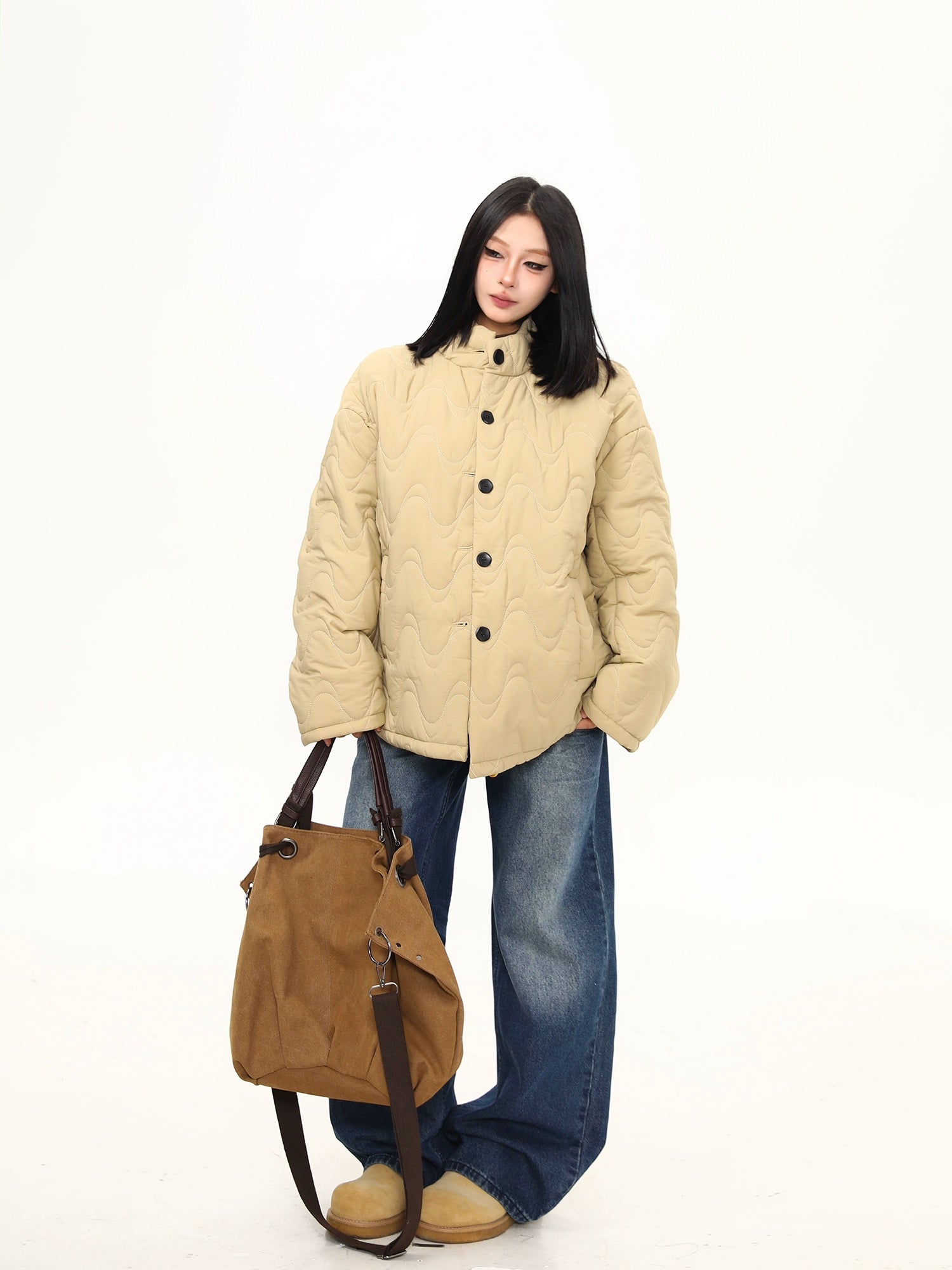 Cream Wave Quilted Stand-Collar Jacket