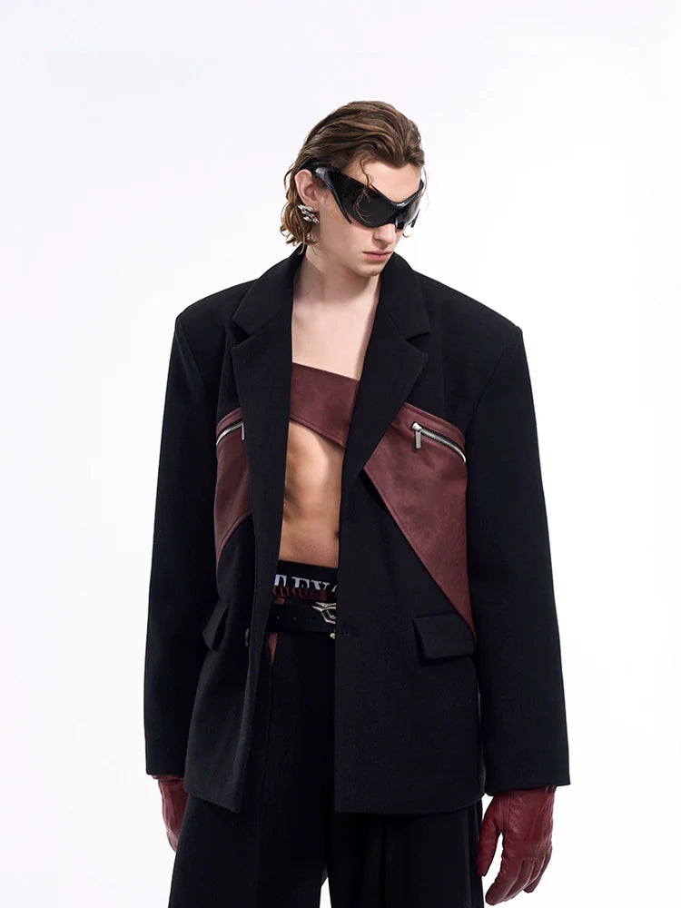 Two-Tone Leather Panel Blazer and Wide Leg Trousers Setup