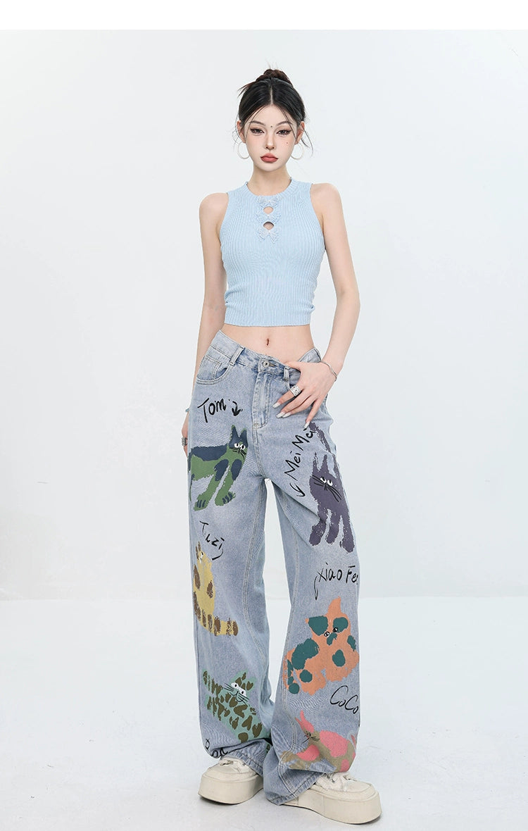 ABWEAR Whimsical Critter Doodle Wide-Leg Jeans