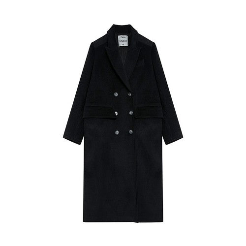 Winter Double-Breasted Mid-Length Black Wool Coat In Hepburn Style - chiclara
