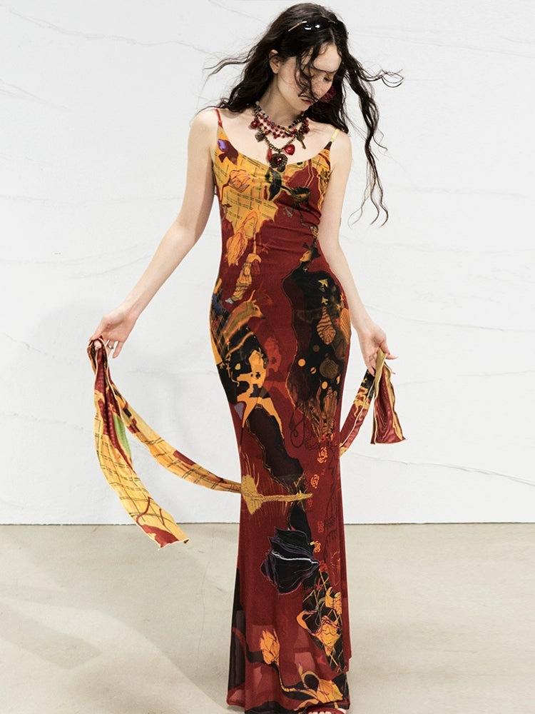 Autumn Flame Halter Maxi Dress