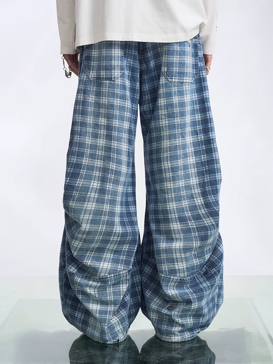 Blue Plaid Balloon Leg Parachute Jeans