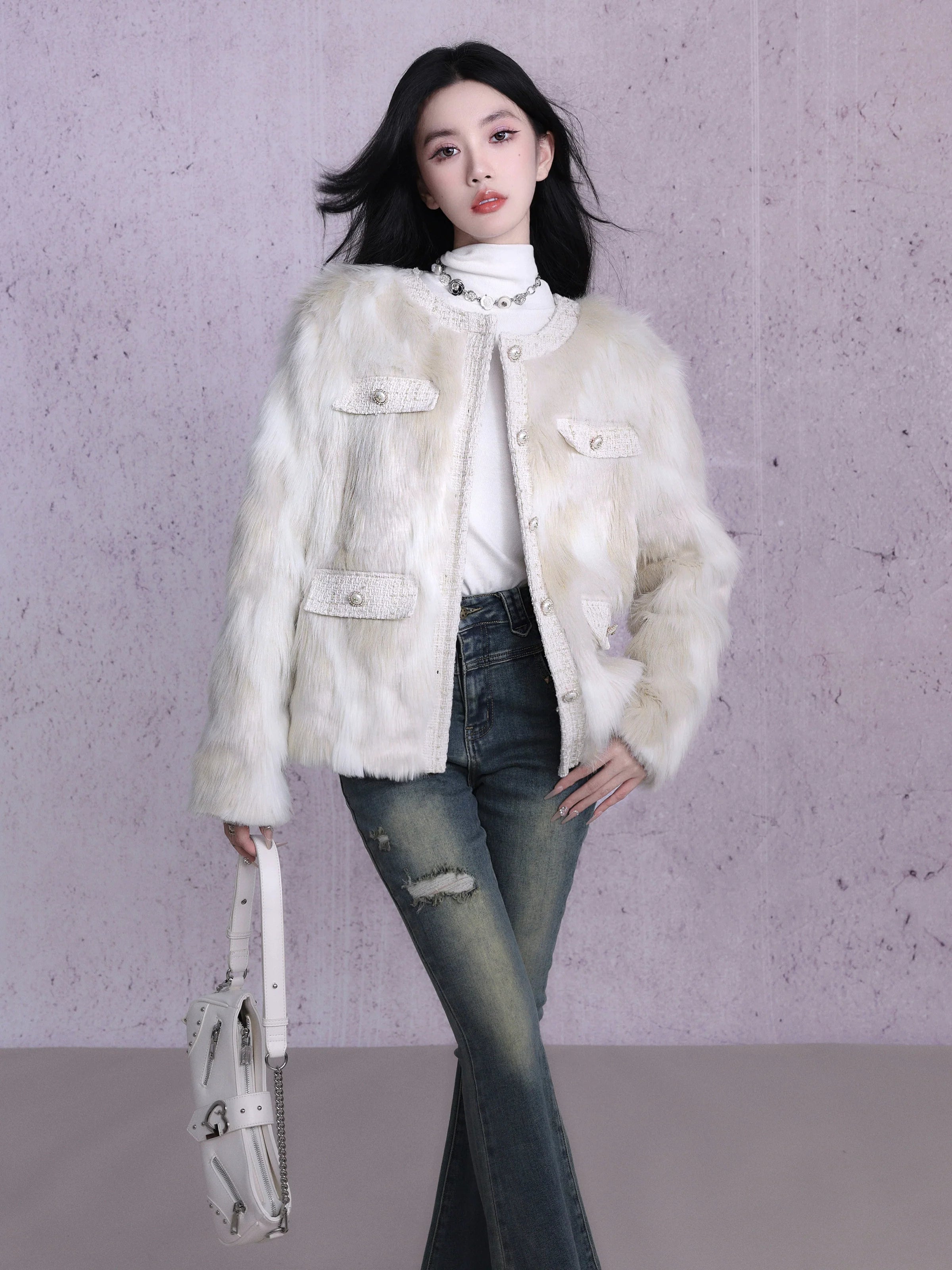 Luxe Faux Fur Collarless Jacket with Multi-Pocket Detail - Winter White