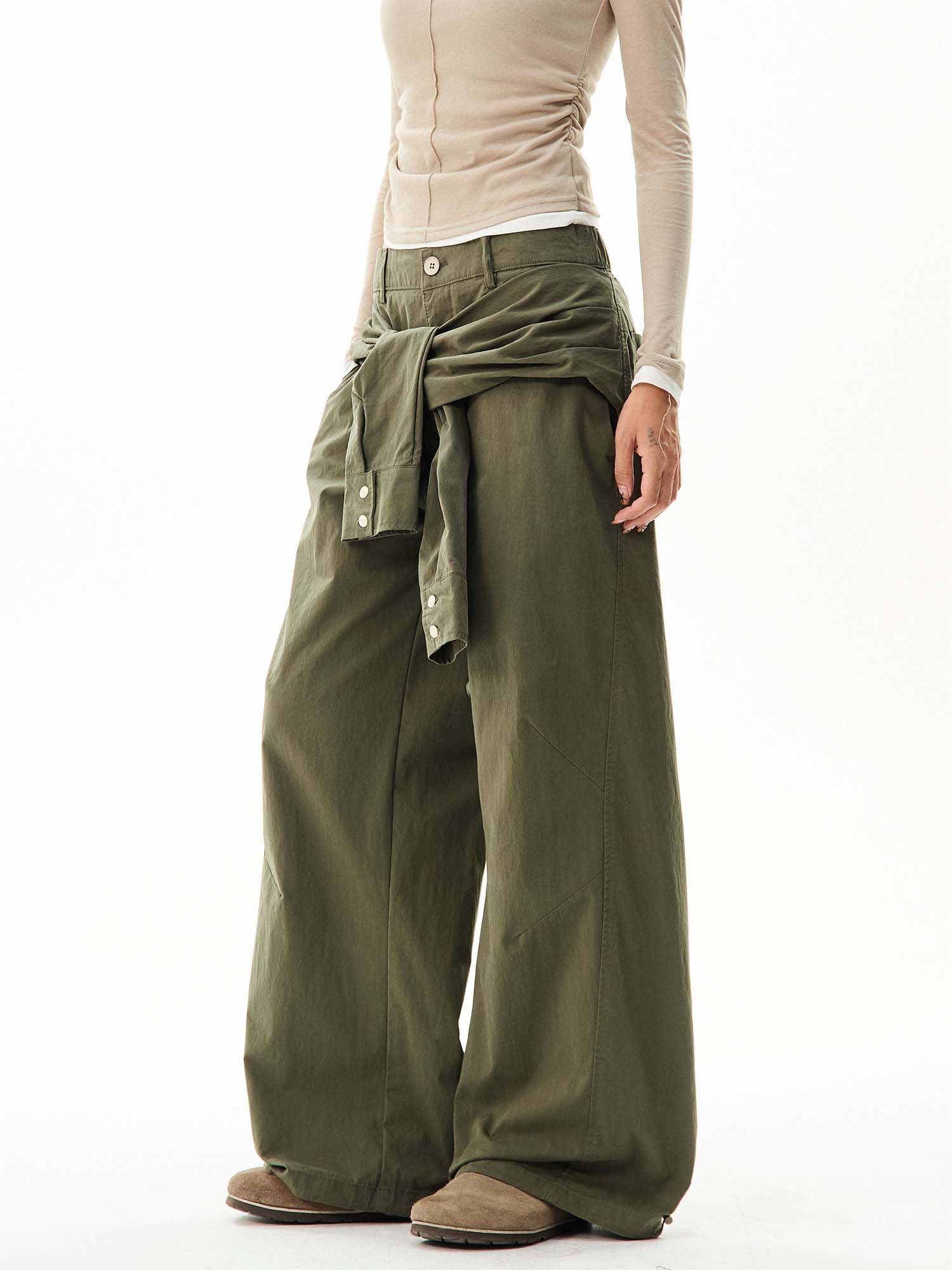 Wide-Leg Cargo Pants with Tie-Front Detail