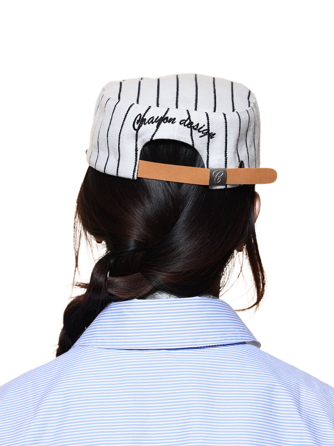 Pinstripe Wool-Blend C-Embroidered Cap - Black Embroidery - Rear strap on model - view 3