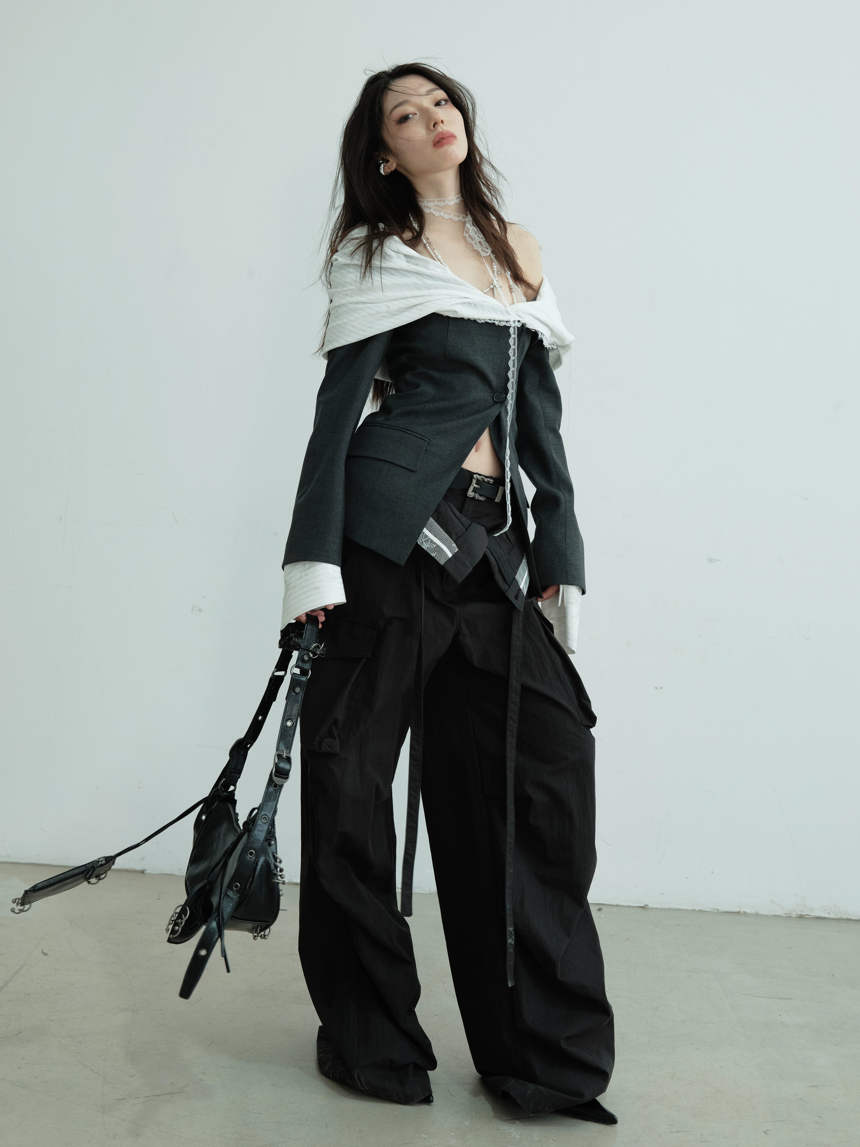 Wide Leg Cargo Pants Contrast Trim
