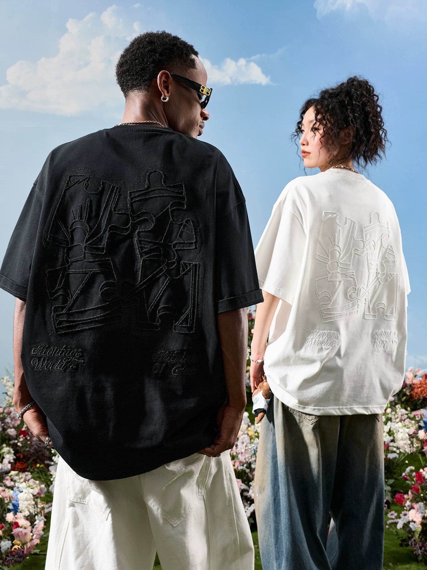 Oversized Embroidered Puzzle Graphic T-Shirt