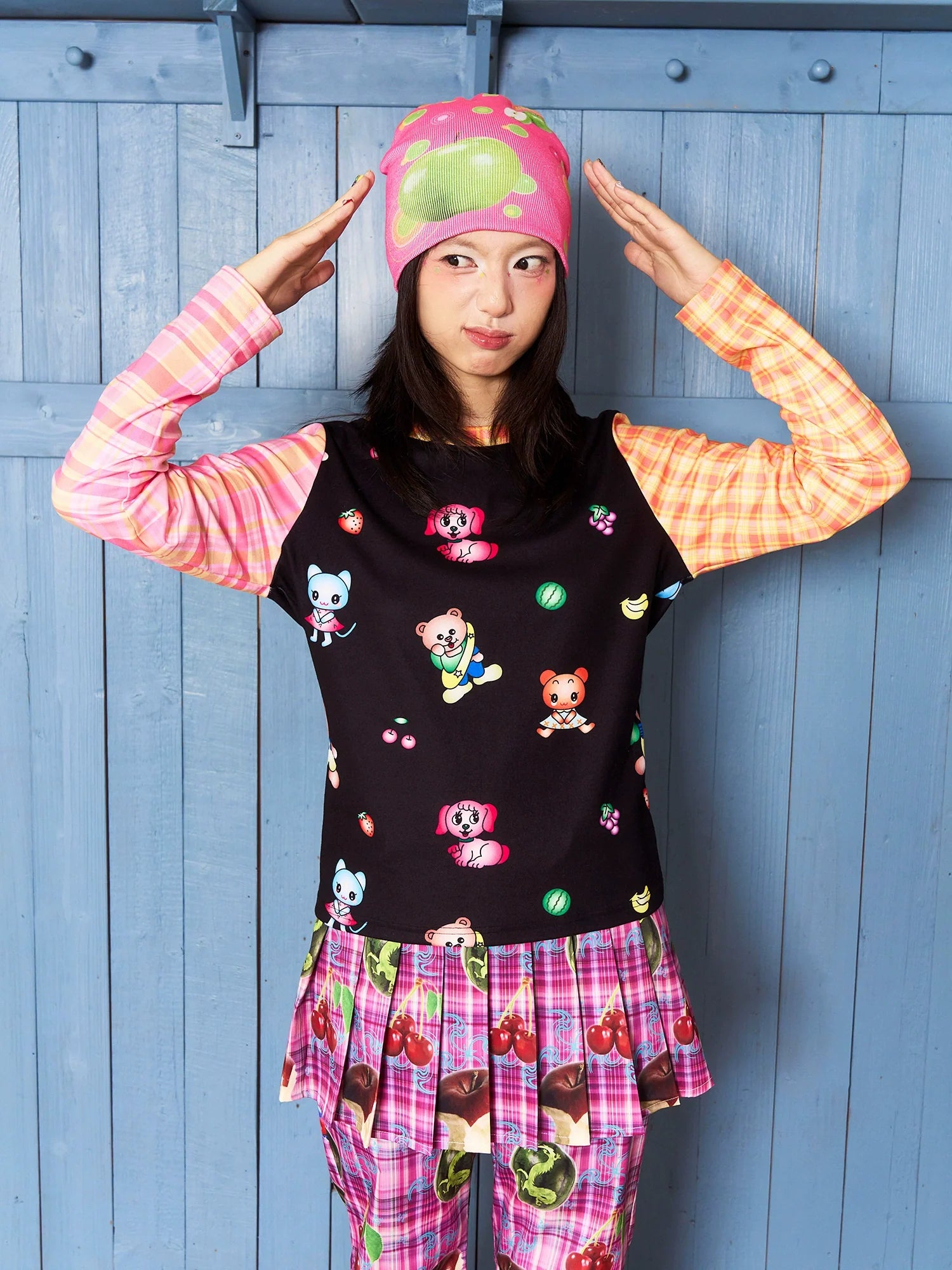 Pink Green Apple Print Beanie Hat