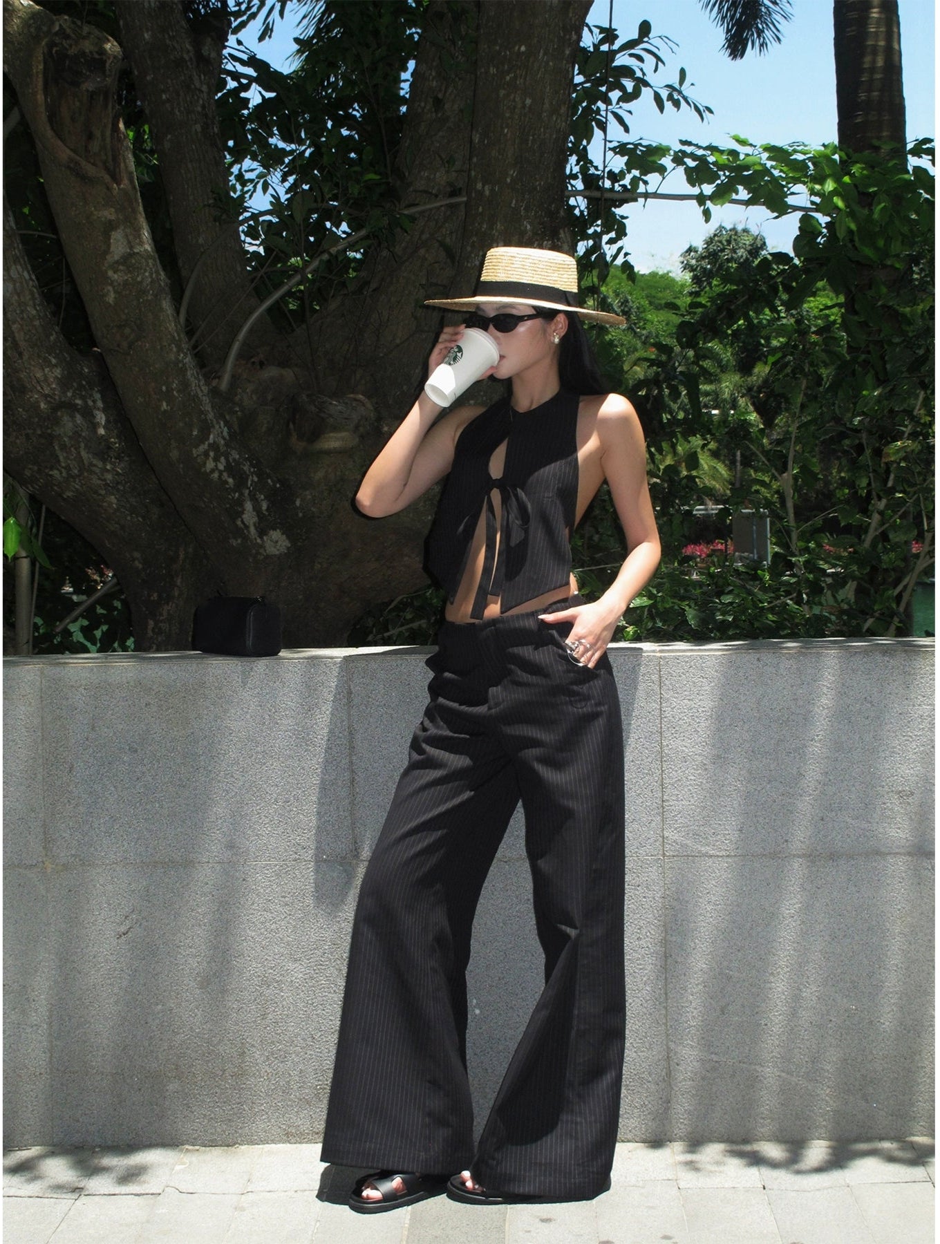 Black Pinstripe Wide Leg Pants