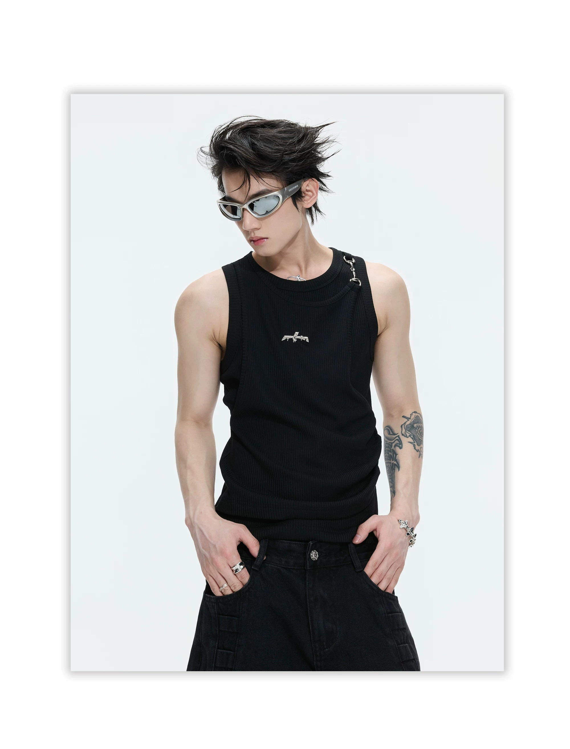 Layered Ribbed Hardware Accent Tank Top