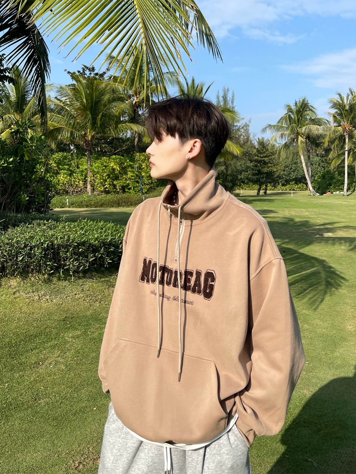 Quarter-Zip Mock Neck Sweatshirt with Embroidered Text
