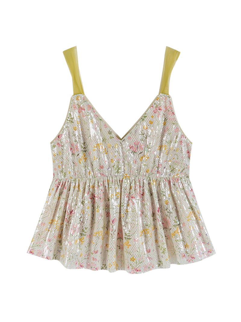 Sequin Floral Peplum Top with Sheer Straps