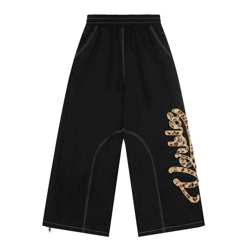 Men's Embroidery Leopard Fuzzy Curved Wide-Leg Jeans